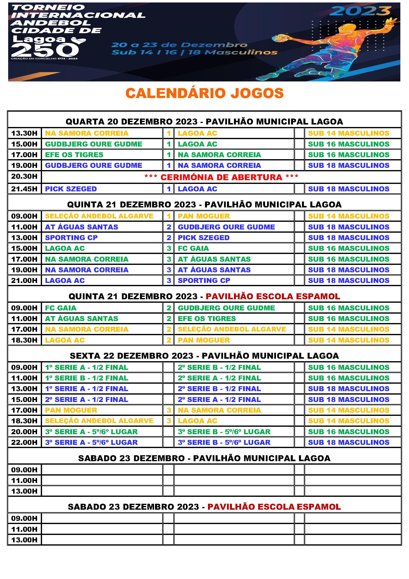 Calendário Jogos Torneio 2023